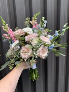 pink, peach, blue wedding bouquet